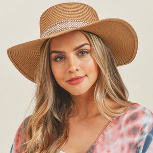 Wide Brim Sun Hat Featuring Aztec Print Band
